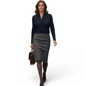 NWT$58 Grace The Perfect Fit Size XL Navy Blue V Neck Career Blouse Long Sleeve